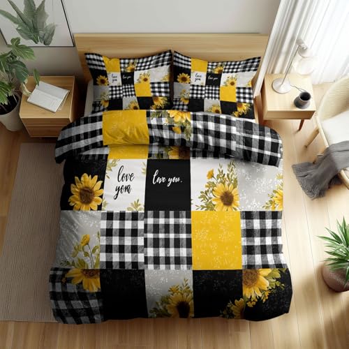 CozyRest Funda nórdica para Adolescente Cubos de Patchwork Girasoles Juego de Cama 3 Piezas, Suave Duradero Raya 150 x 200 cm Juego de Funda nórdica con 2 Fundas de Almohada 50x75 cm