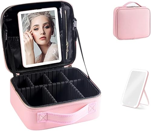 Bolsa de maquillaje de viaje y fundas de tren de cosméticos bolsa de cosméticos portátil impermeable con luces LED extraíbles espejo cosmético