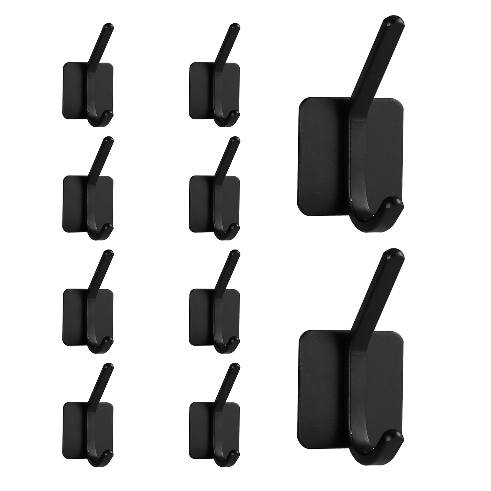 Stainless Steel Self-Adhesive Hooks 10ps, Heavy Duty Wall Hooks for Bathroom Door Kitchen, Strong Robe and Towel Hangers, Multi-Purpose Hooks for Hanging Coats, Hats, Keys, Towels (Black)