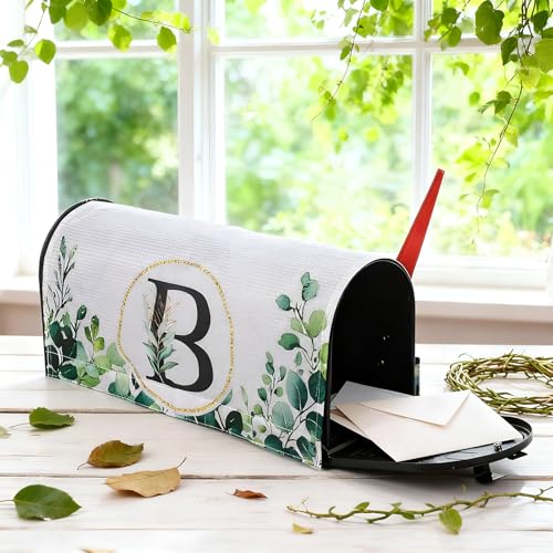 Image of Tiamon Monogrammed B Mailbox Covers Magnetic Eucalyptus Welcome Letter Box Wrap Standard Size 21x18 Inch Spring Summer Leaves Mailbox Decor Eucalyptus Letter Numbers Decoration for Outdoor Garden Yard