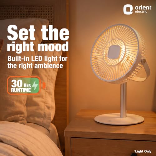 Image of Lumo Rechargeable Table Fan for Home | Portable Battery Fan with 6000 mAh Battery | 4 Speed Modes, 180 Rotation, Adjustable Height | Magnetic Remote & LED Light, Type-C Charging | White