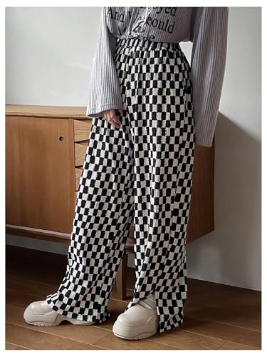 OYOANGLE Women's Plaid Print Elastic High Waisted Wide Leg Long Pants Y2k Baggy Trousers with Pockets3