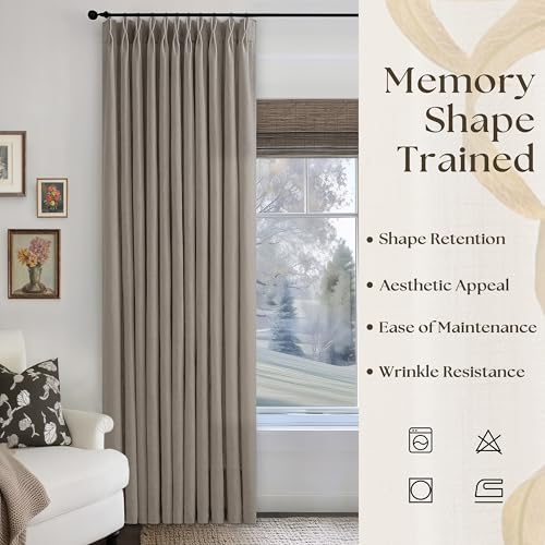 Image of 96 Inch Curtains 70 Inch Width Pinch Pleated Thick Linen Taupe 1 Panel | Light Filtering, Privacy, Semi Sheer, Extra Wide, Patio Sliding Glass Door, Hooks Rings, Back Tab, Living Room, 70x96 Drapes