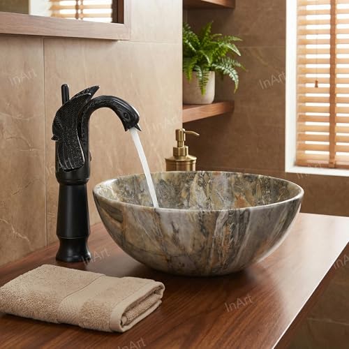 Image of InArt Ceramic Premium Designer Table Top /Over Counter /Vessel Sink Above counter top Wash Basin for Bathroom 13 x 13 x 5 Inch In Round Shape (Green Marble)