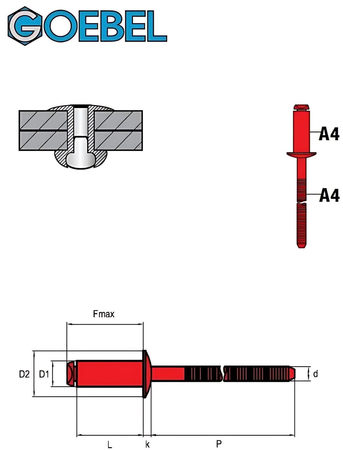 GOEBEL® - 500 unidades - Remaches de cabeza plana con remache acanalado de acero inoxidable A4 (V4A) / acero inoxidable A4 (V4A) (diámetro x longitud) 4,0 x 20,0 mm - cabeza plana remache ciego con