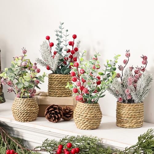 4 Pack Christmas Table Decorations, 9' Small Christmas Tree with Pine Cone Berry, Rustic Handcrafted...