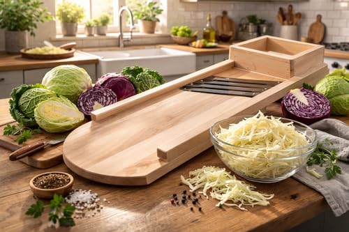 Foto von teemando® Krauthobel Gemüsehobel mit beweglichem Schlitten für sicheres Schneiden von Krautköpfen und Gemüse. 55 cm, aus Buchenholz