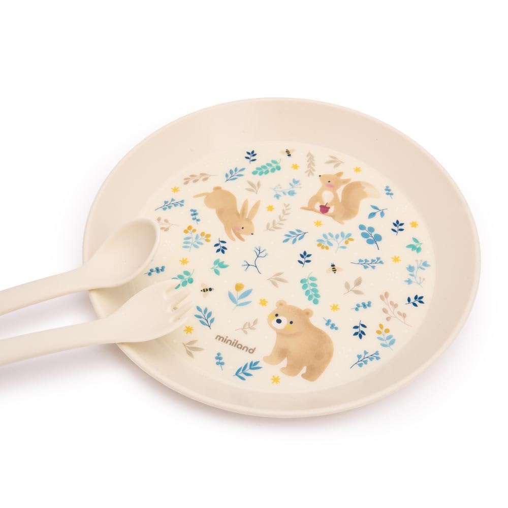 Miniland - Vajilla para Bebé de Aprendizaje | Plato, Vaso Antiderrame y Cubiertos Adaptados para Bebé | Vajilla Infantil Libre de BPA (Set Dreamland)