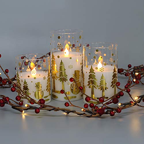 Gold Snowman Design Glass Battery Operated Flameless LED Candles with 6H Timer, Warm White Light, Batteries Included - Set of 3 - Thumbnail 2