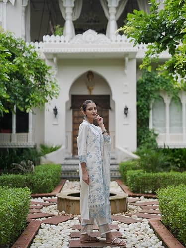 Image of INDO ERA Women's Silk Blend Kurta and Pant with Dupatta Set