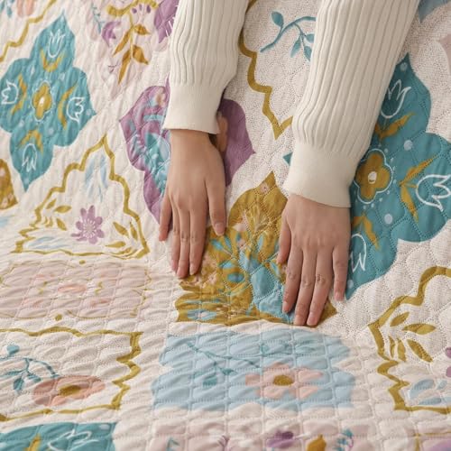 Image of Printed Quilted Sofa Mat for 5 Seater (3+1+1) - Floral Design Slipcover with Armrest, Pockets on Both Sides, Fully Covered Sofa Protector - Multicolor
