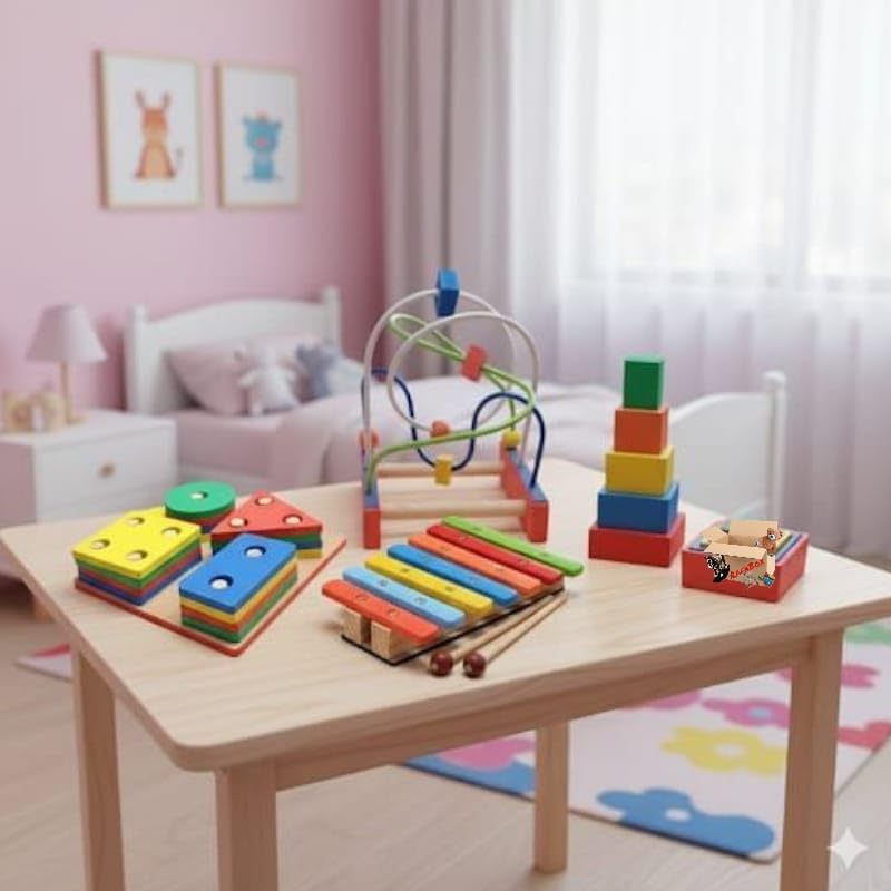 Kit Brinquedo Educativo Em Madeira Xilofone + Prancha Seleção + Aramado M + Cubo De Encaixe Primeira Infância