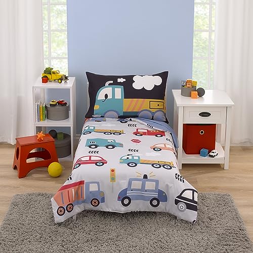 Image of Everything Kids Transportation Gray, Blue, Red, and Yellow 4 Piece Toddler Bed Set - Comforter, Fitted Bottom Sheet, Flat Top Sheet, Reversible Pillowcase