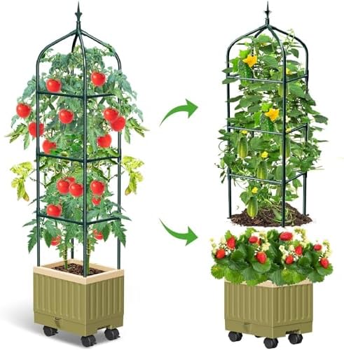 Raised Garden Bed Planter Box with Trellis, 71" Self-Watering Tomato Planter with Wheels for Climbing Vegetable and Plants, Tomato Cage Planters for Indoor Outdoor Patio Greenhouse Gardening (1Pack)