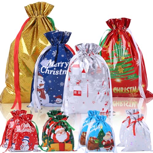 12 bolsas de regalo de papel de aluminio de Navidad con cordón - Envoltorio con cordón que incluye 2 grandes, 2 medianas, 8 sacos de regalo pequeños Xmax - Bolsas de papel de aluminio reutilizables