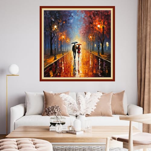 Image of Findvoor Stamped Cross Stitch Kits for Beginner Embroidery Kits for Beginners Adults DIY 11CT Cross Stitch Patterns Needlepoint Kits Crossstitching Kits-Strolling Rainy Night 18x18 inch