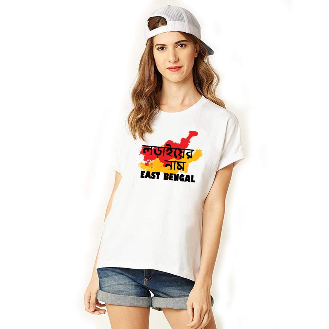 Bratma 100% Pure Cotton Half Sleeves Round Neck Printed T-Shirt for Women | Desi T-Shirt | East Bengal T-Shirt | White-Small