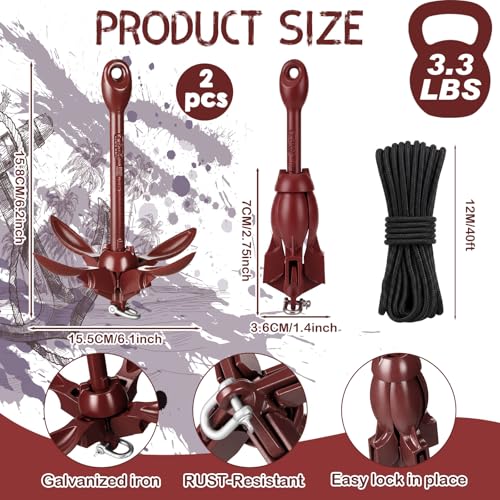 Image of Lounsweer 2 Pack 1.5 /3.5 lb Marine Kayak Anchor Kit Folding Grapnel Anchor Kit Boat Kayak Fishing Accessories for Small Boats Kayaks Canoe Paddle Boards