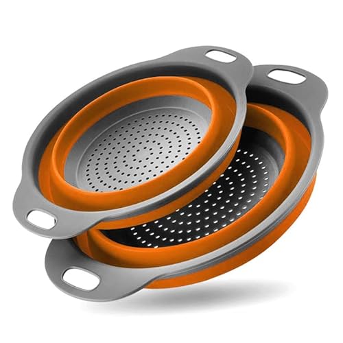 VINNAR Zusammenklappbares Silikon-Abflusskorbsieb, tragbare, abgetropfte Lebensmittel, Obst, Gemüse, 2 Silikonfilter Platzsparender faltbarer Küchenfilter (Orange) Cover