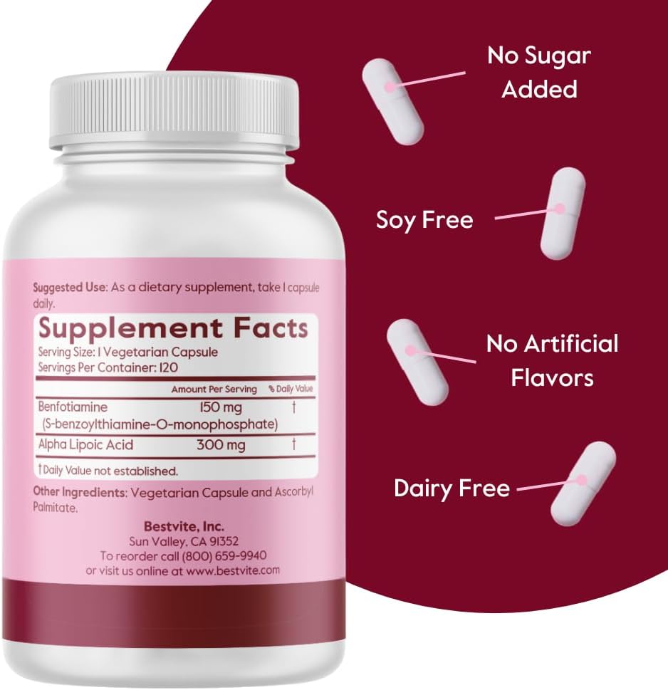 BESTVITE Benfotiamine 150mg / Alpha Lipoic Acid 300mg (120 Vegetarian Capsules) - No Stearates - Vegan - Gluten Free - Non GMO