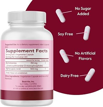 BESTVITE Benfotiamine 150mg / Alpha Lipoic Acid 300mg (120 Vegetarian Capsules) - No Stearates - Vegan - Gluten Free - Non GMO