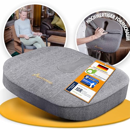 SANTERGO Orthopädisches Sitzkissen [PATENTIERT & FORMSTABIL] - Sitzkissen für Bürostuhl und Auto - Sitzkissen Stuhl, Sitzauflage Bürostuhl, Steißbeinkissen, Sitzpolster (Gray-Hard 90-125 kg)