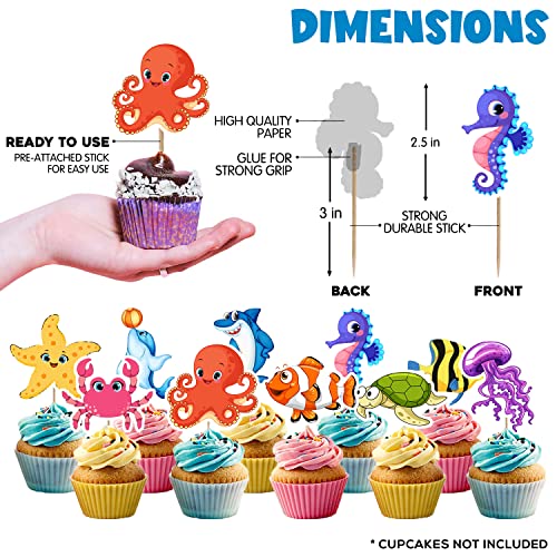 Image of Zyozique 37 Piece Ocean Theme Party Decoration,Under The Sea Happy Birthday Paper Banner Balloons Cake and Cup Cake Toppers Kit, Underwater Animals Sign Party Supplies