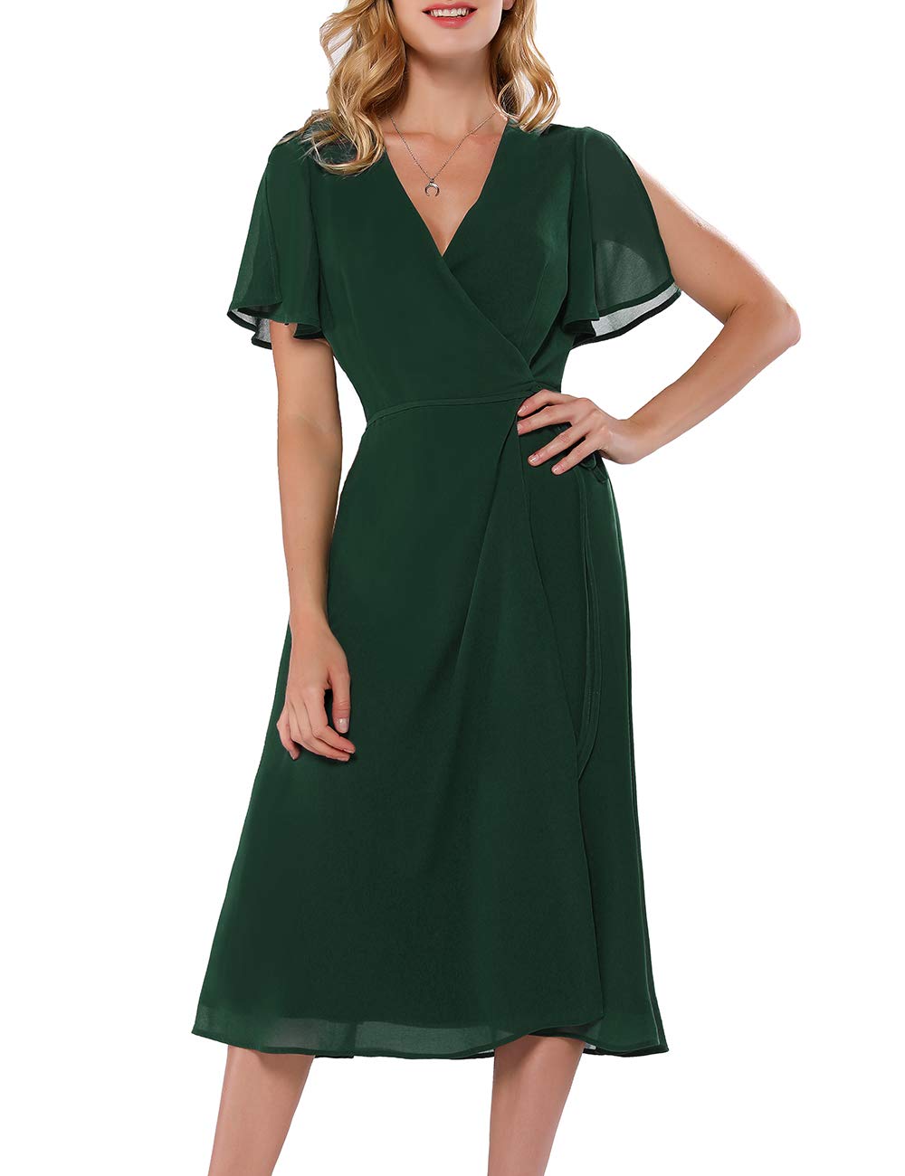 Women Wrap Midi Dress Short Sleeve V Neck Tie Waist Flowy Slit Summer Beach Party Wedding Maxi Dress Green