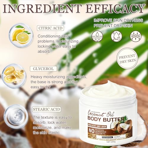 Crema Hidratante Corporal con Coconut Oil, Crema Corporal Natural Aceite de Coco Piel Seca, Manteca Corporal Coco, Hidratante y No Grasa, Body Lotion para Hombres y Mujeres, Fórmula Vegana - 200g - imagen 3
