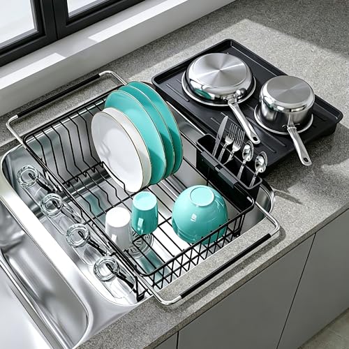 Image of JASIWAY Black Dish Drying Rack in Sink with Drainboard and Utensil Holder