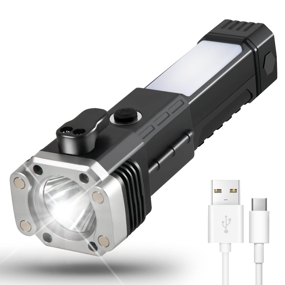 Led Rechargeable Flashlights with High Lumens, Waterproof Flashlight with Broken Window Hammer, 3 Modes Outdoor Flash Light Have Magnet for Hanging
