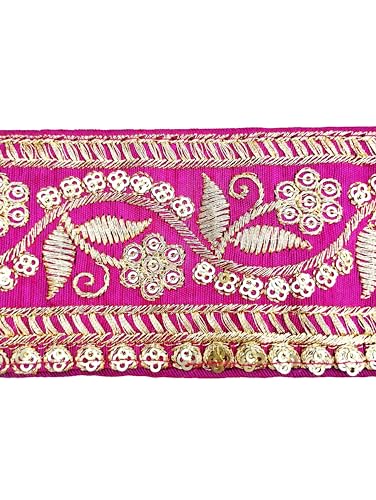 Image of Embroidery Gold Work with Sequence Design Lace Border Falls for Saree, Kurti, Dresses, Bandhani, Lehenga, Decorative Ribbon (6.5 cm Width) (6 Meter, Pink)