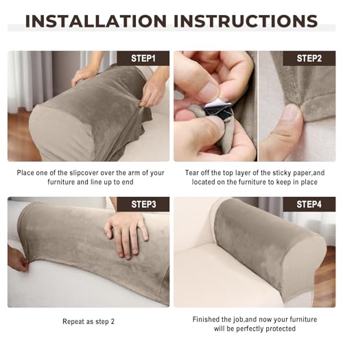 Image of Couch Arm Covers 2 Pcs Sofa Armrest Covers Stretch Couch,Armrest Cover for Chairs Scratch-Resistant Sofa Arm Cover Armchair Slipcovers,Taupe