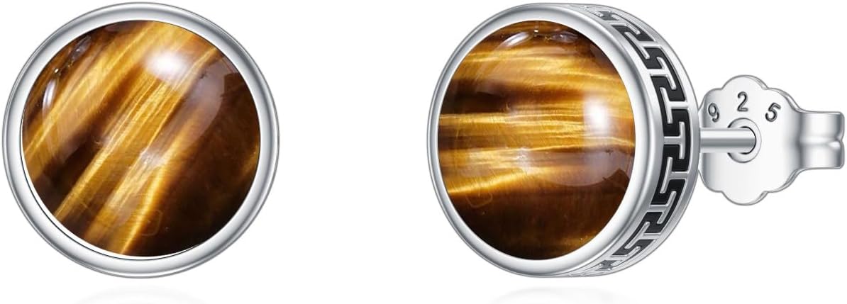 Natural Gemstone Stud Earrings for Men 925 Sterling Silver Male Earrings with Round Genuine Gemstone Jewelry Gifts for Father Husband Boyfriend Male Friend