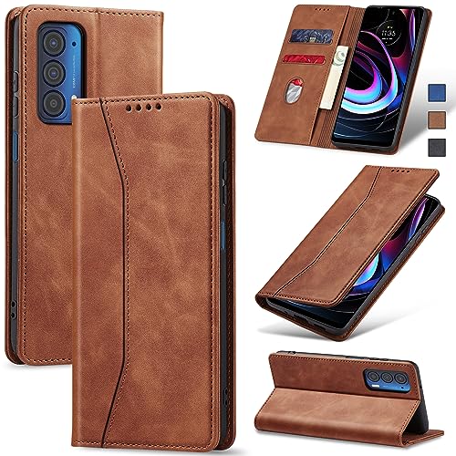 Image of Jasonyu Flip Wallet Case for Motorola Edge 5G UW /Moto Edge (2021),Leather Magnetic Folio Cover with Card Holder,Kickstand - TPU Shockproof Durable Protective Phone Case,Brown