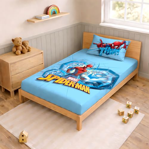 Image of Sassoon Marvel Spiderman (THEWIP) Digital Printed, Cotton Single Bedsheet, 300 TC, 1 Pillow Cover, Fade Resistant, Bedsheet for Kid's Bedroom, (1.50m X 2.35m)