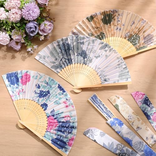 image for Zonon 4 Pack Handheld Floral Folding Fans Hand Held Silk Bamboo Fans w