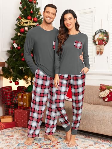 Matching Couple Pajamas Buffalo Plaid Christmas Pjs with Pockets Modal Long Sleeve Sleepwear Deep Grey Plaid L2