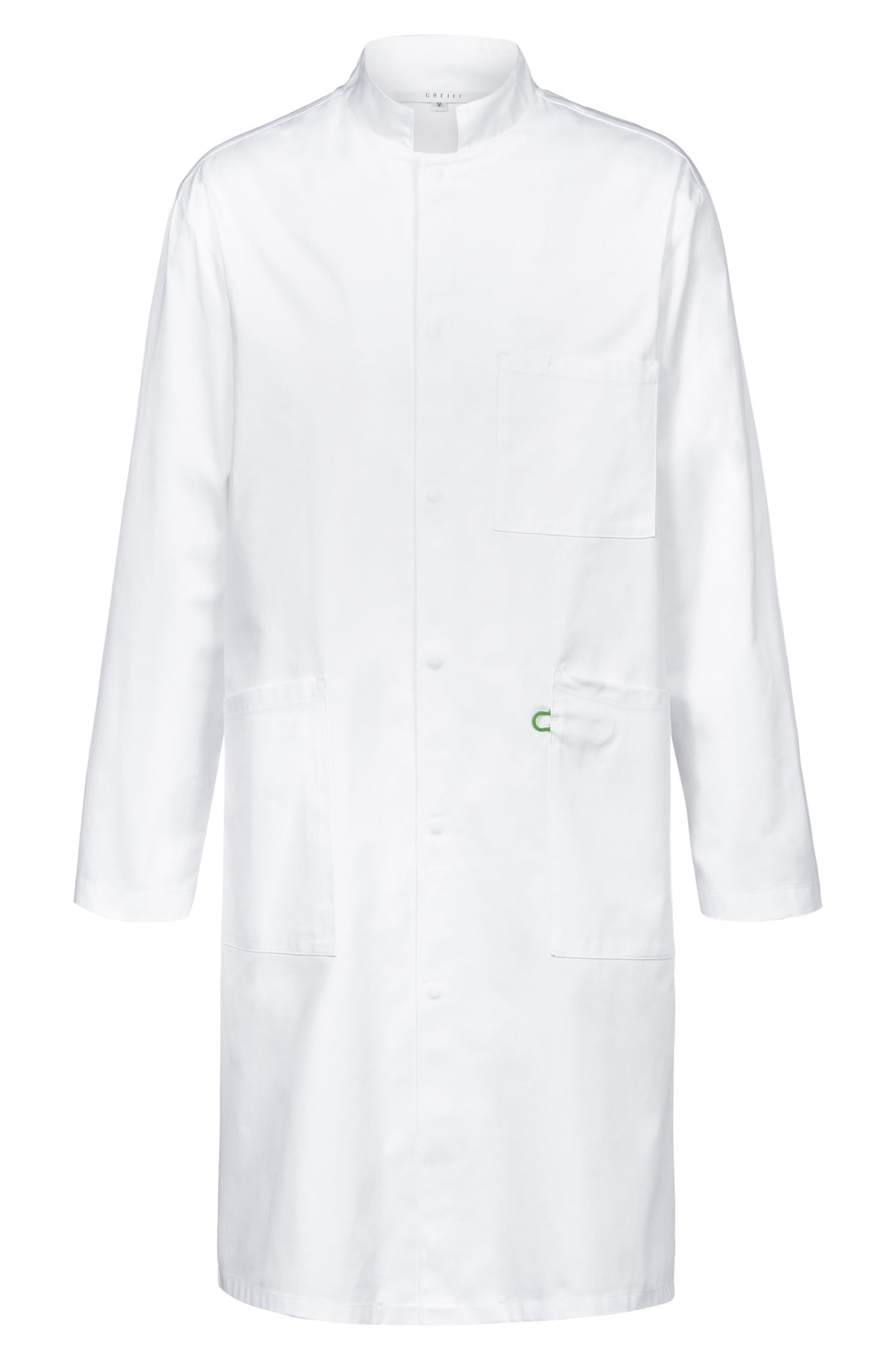 GREIFF Care 5026 - Bata de laboratorio unisex con cuello alto, tira de botones ocultos, 3 bolsillos, funda para teléfono móvil y lazo para llaves, ideal para enfermería, clínica y práctica