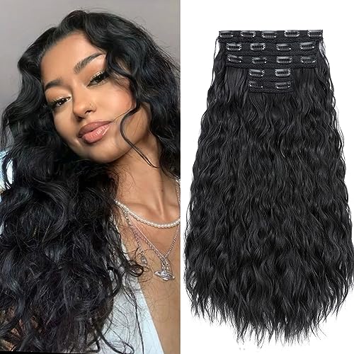 TESS Rajout Cheveux Clip Naturel Bouclé 60 cm, Noir 5 PCS Extension a Clip Longue 250g Avec 17 Clips Synthetique Hair Extension Cheveux pour Femme
