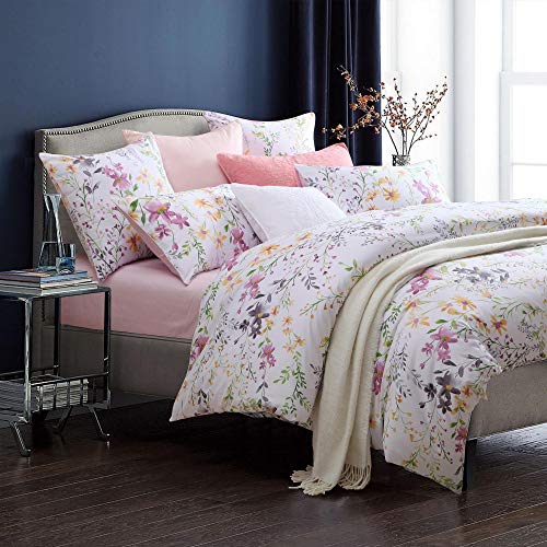 Brandream Garden Style Floral Duvet Cover Queen Size Set Pink Gray Green Branches Flower Leaf Print Duvet Cover Bedding Set Reversible Purple Bedding Collection 1 Duvet Cover With 2 Pillowcases #TOP2