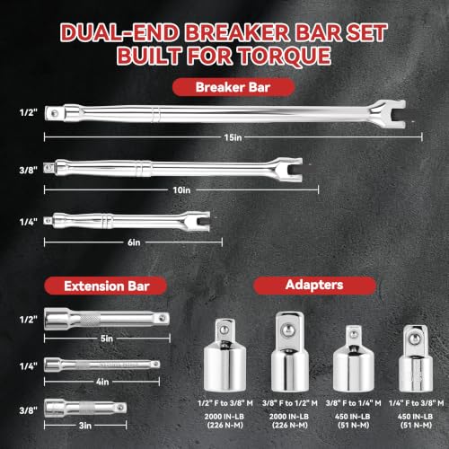 Image of 10PC Breaker Bar Set, Dual-end 3 Extension Bars, 3 /8 inch, 1 /2 inch 1 /4 inch Drive | 3 /8 inch, 1 /2 inch and 1 /4 inch Drive, 180 Rotatable Head, 6'', 10'', 15'' Length, 3 Extension Bars, Organizer Case