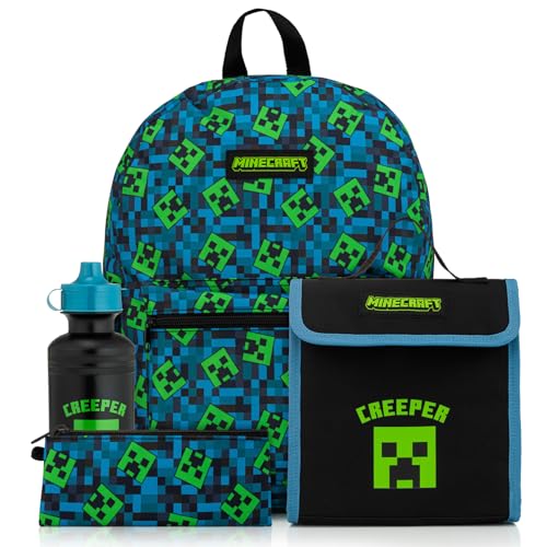 Minecraft sac à dos enfant vert avec gourde, trousse et sac à goûter assortis