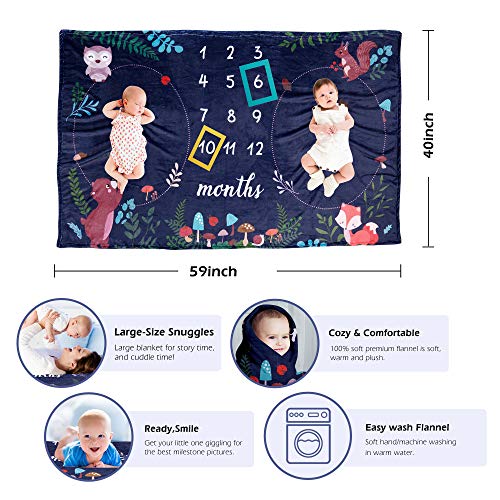 Trensom Twins Baby Monthly Milestone Blanket Thick Premium Flannel Personalized Photography Background Blankets Owl Bear Fox Baby Blanket For Mom Newborn Include 2 Frames + Bib #TOP1