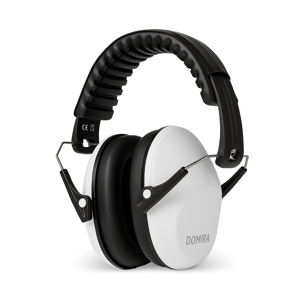 Domira Unisex Kids White Ear Defenders – Noise Cancelling Ear Muffs For Kids – Hearing Protection, Shooting Ear Defenders, Autism Headphones, Soundproof Ear Muffs For Sleeping, Work & Travel (White)