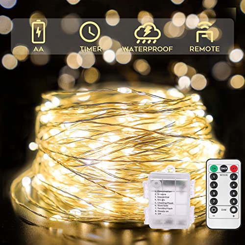 suddus 66ft 200 LED Outdoor String Lights,Fairy Lights Battery Operated with Remote, Twinkle Lights Battery Operated for Bedroom, Dorm, Patio, Fireplace,Garden, Party, Wedding DIY,Indoor(Warm White)