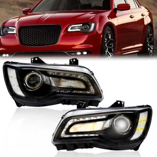 Headlight Assembly Fit for 2011-2023 Chrysler 300/300C Pair set for Headlamp Black Housing Clear Reflector With DRL Replacement Left Driver Right Passenger (LH+RH)
