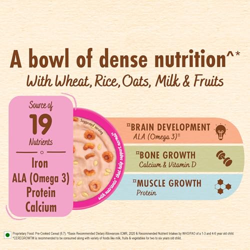 Image of CEREGROW with NO Refined Sugar, Multigrain Cereal with Milk & Fruits, Source of 19 Nutrients (Iron, Omega 3, Protein, Calcium), Free Steel Bowl, 300g, Bag-in-Box Pack (Pack of 2)