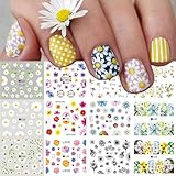 12Pcs Daisy Nail Water Stickers Decals Flower Nail Art Stickers Foil DIY Colorful Floral Transfer Nail Stickers Slider with Spring Summer Sunflower Nail Decals Watermark Nail Art Supplies Decoration