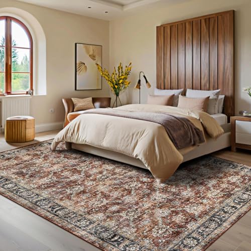 GarveeHome Large Area Rug 9x12 Washable Vintage Floral Rug for Bedroom Low Pile Distressed Throw Rug Non Slip Soft Foldable Floor Cover for Living Room Home Nursery Office, Red